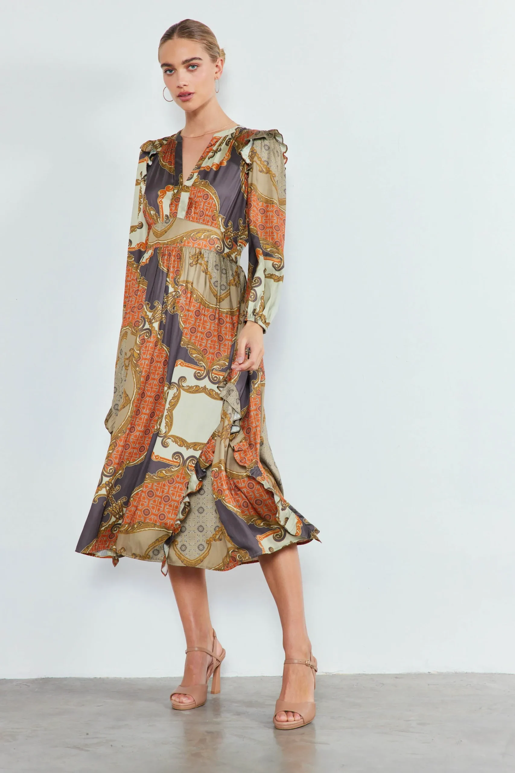 Current Air Midi Dresses-Emmaline Ruffled Midi Dress BROWNMLT