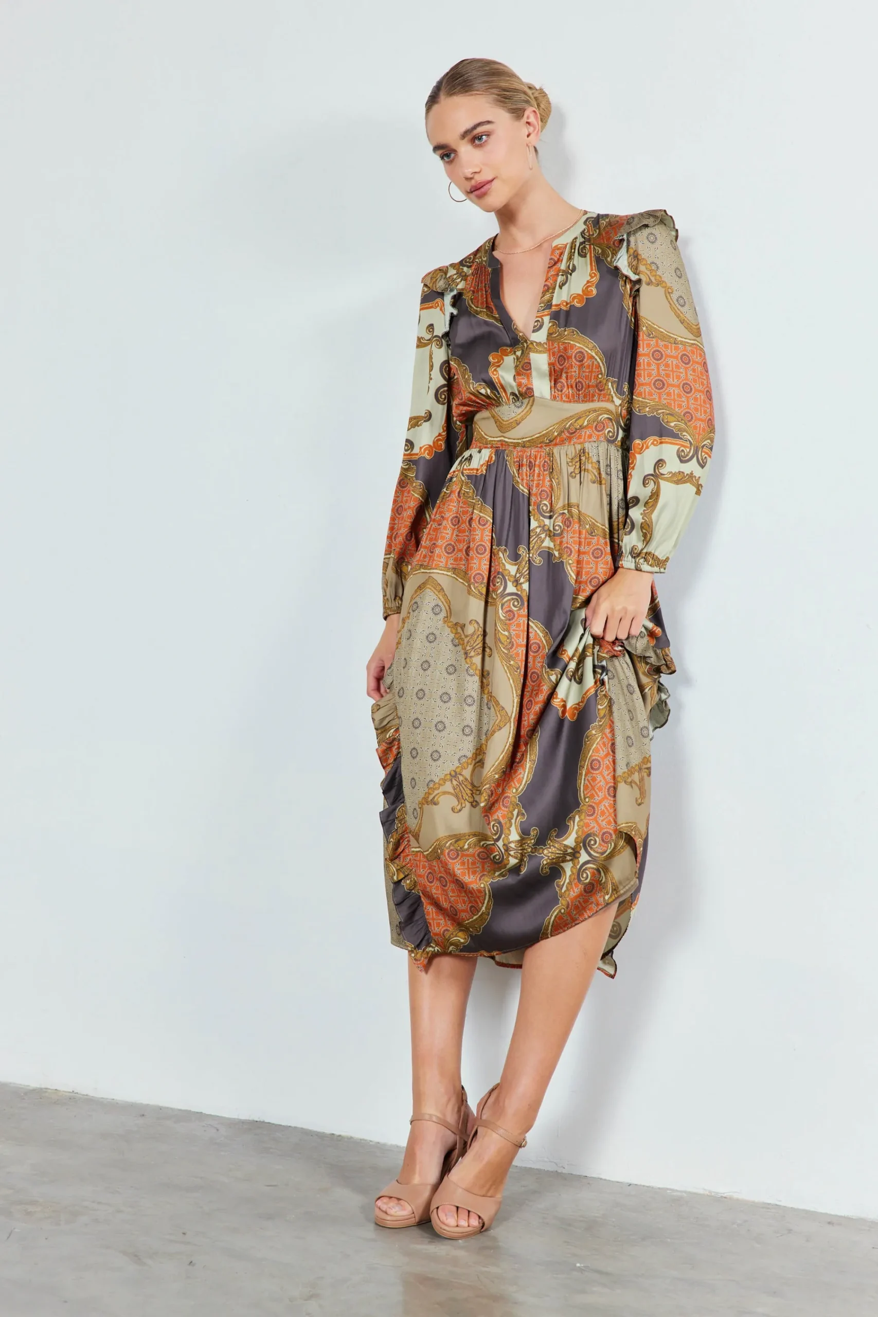 Current Air Midi Dresses-Emmaline Ruffled Midi Dress BROWNMLT