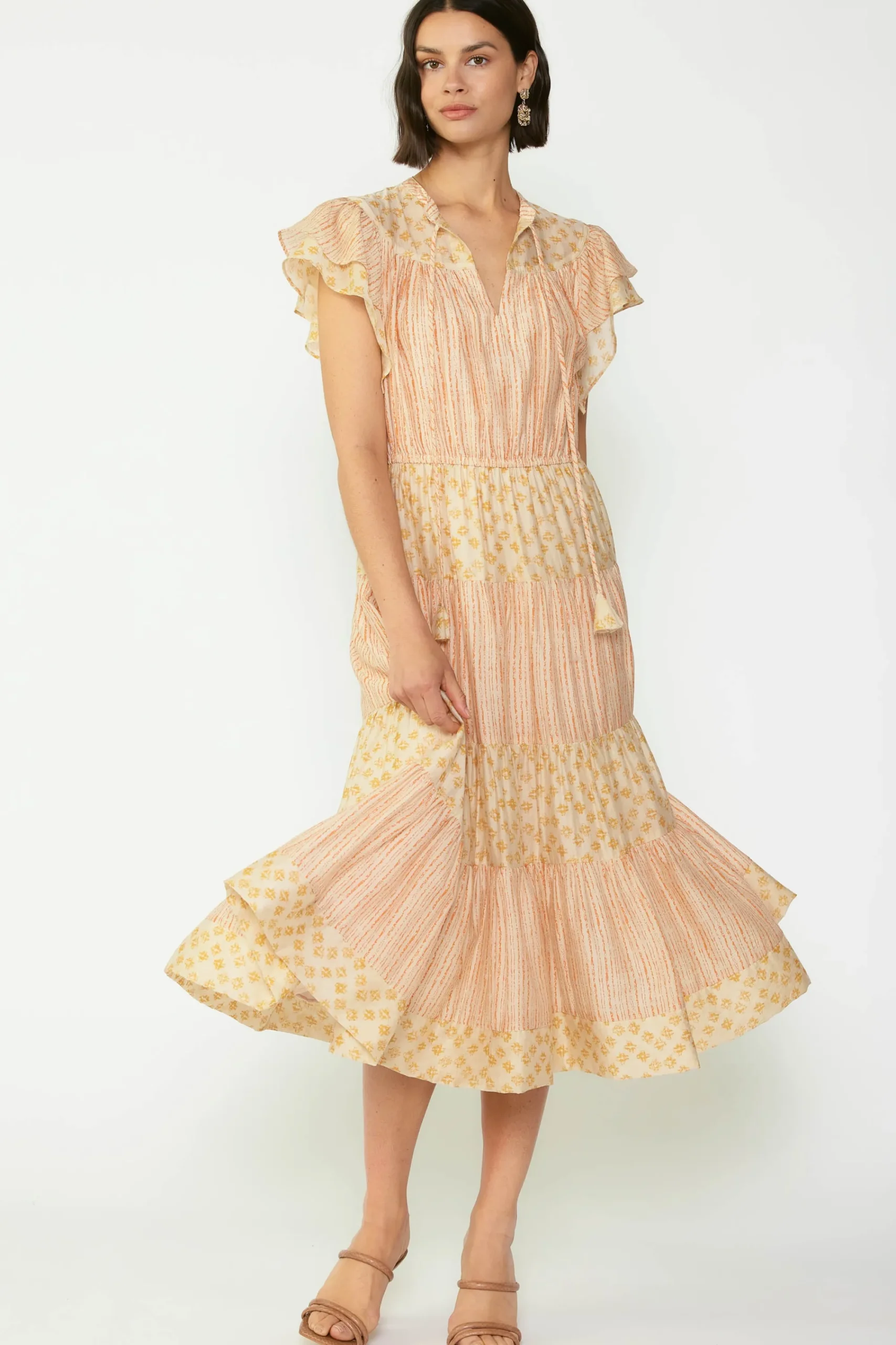 Current Air Midi Dresses-Everleigh Flutter Sleeve Midi Dress APRICOTMLT