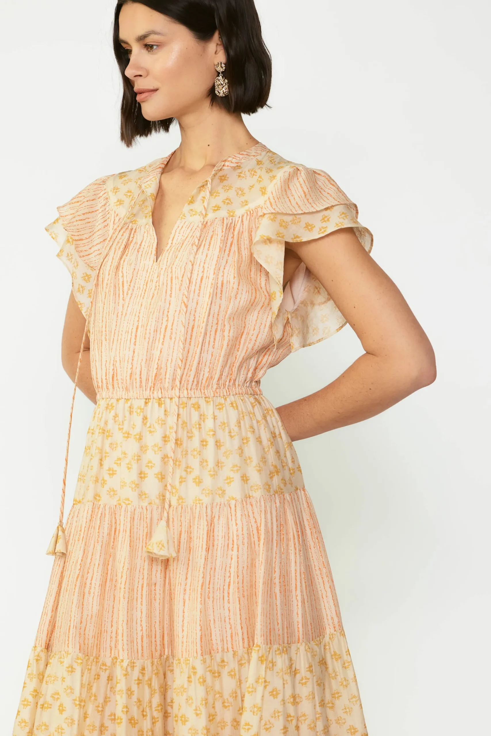 Current Air Midi Dresses-Everleigh Flutter Sleeve Midi Dress APRICOTMLT