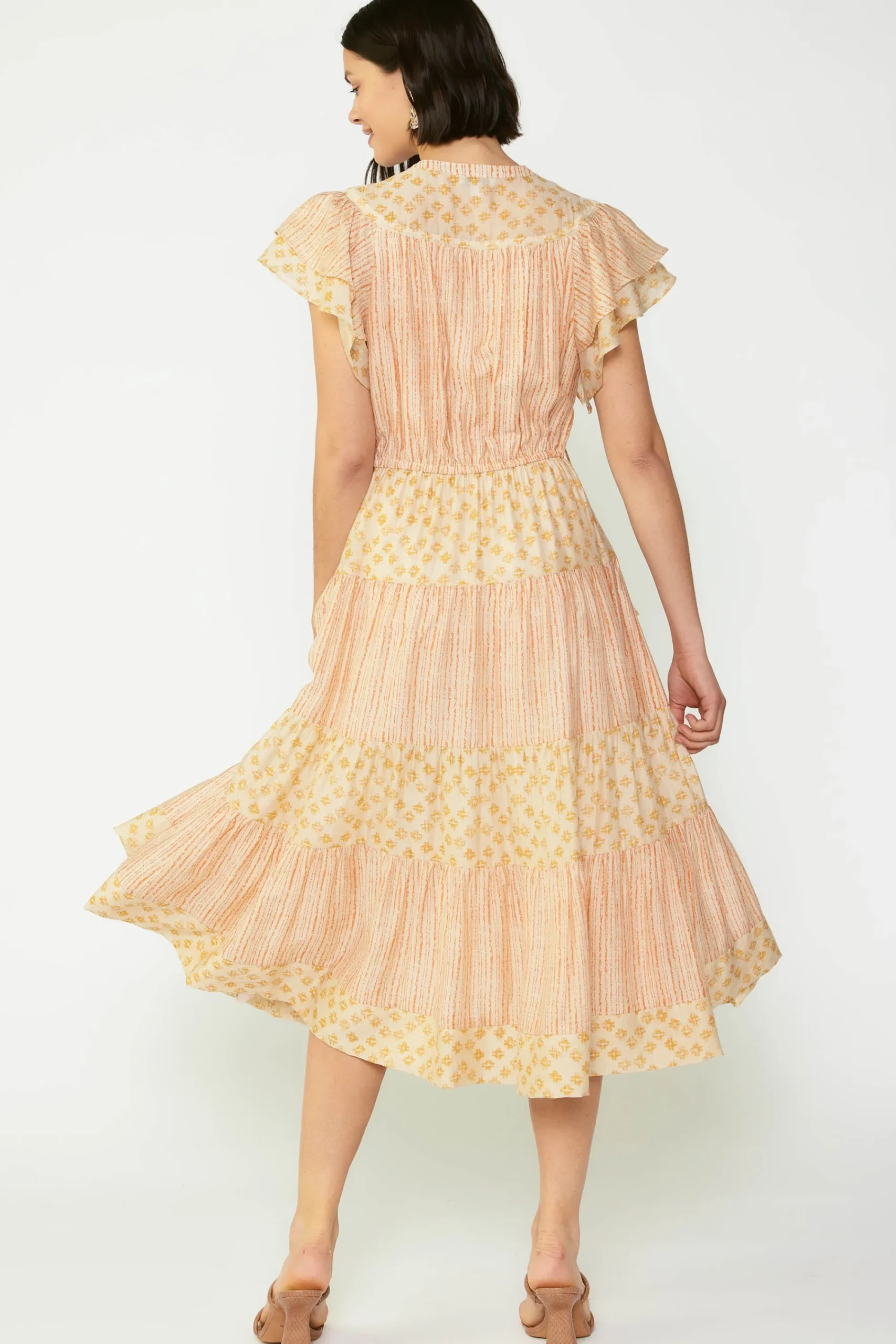 Current Air Midi Dresses-Everleigh Flutter Sleeve Midi Dress APRICOTMLT