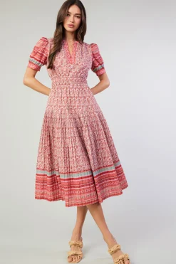 Current Air Midi Dresses-Floral Bohemian Midi Dress REDMLT