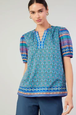 Current Air Short Sleeve Tops-Floral Bohemian Top BLUEMLT