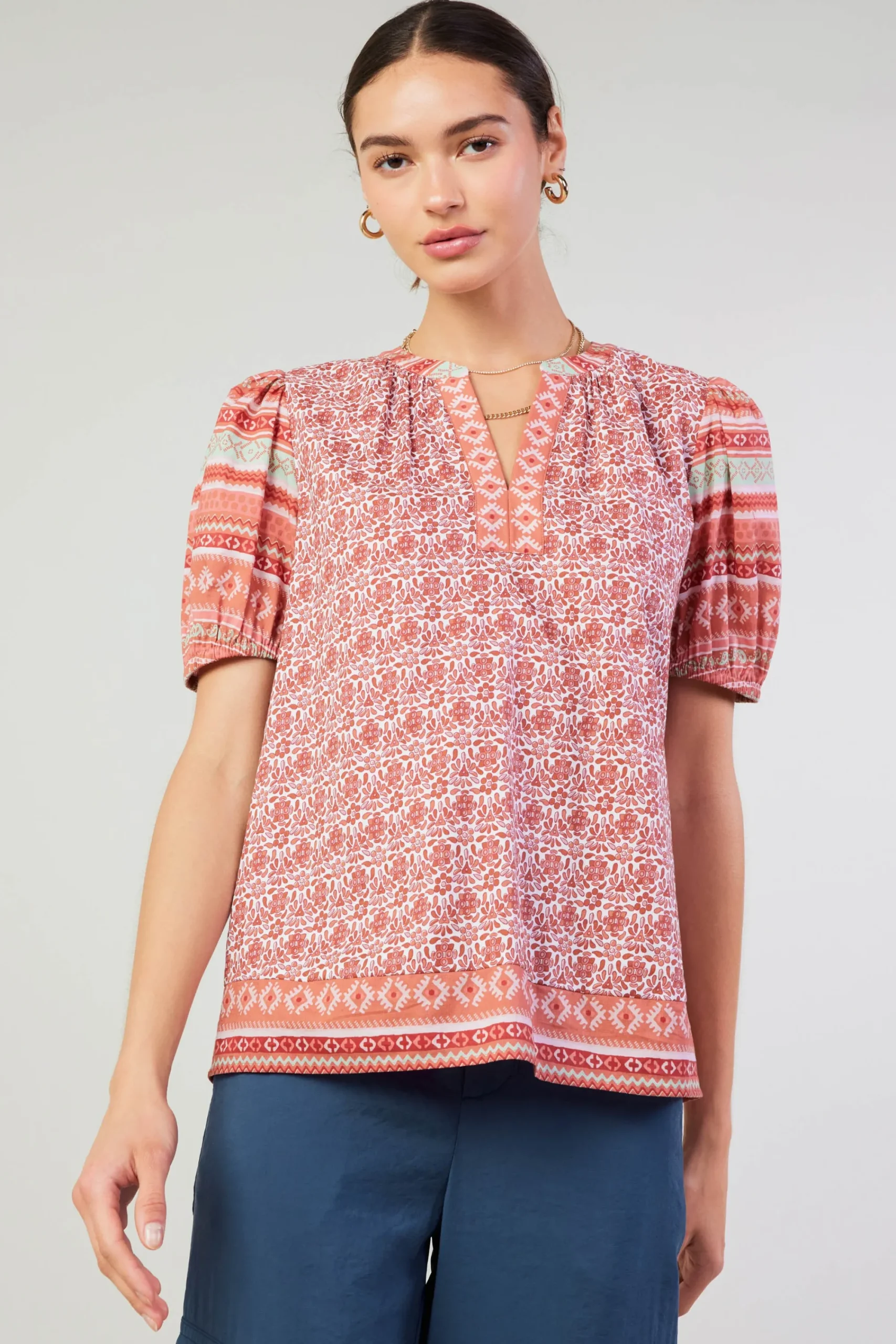 Current Air Short Sleeve Tops-Floral Bohemian Top REDMLT
