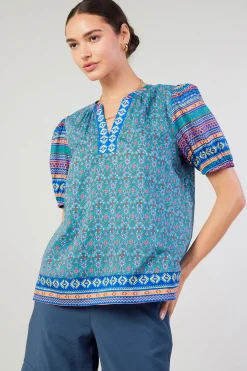 Current Air Short Sleeve Tops-Floral Bohemian Top BLUEMLT