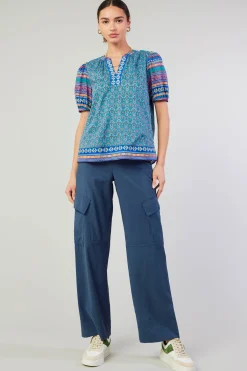 Current Air Short Sleeve Tops-Floral Bohemian Top BLUEMLT