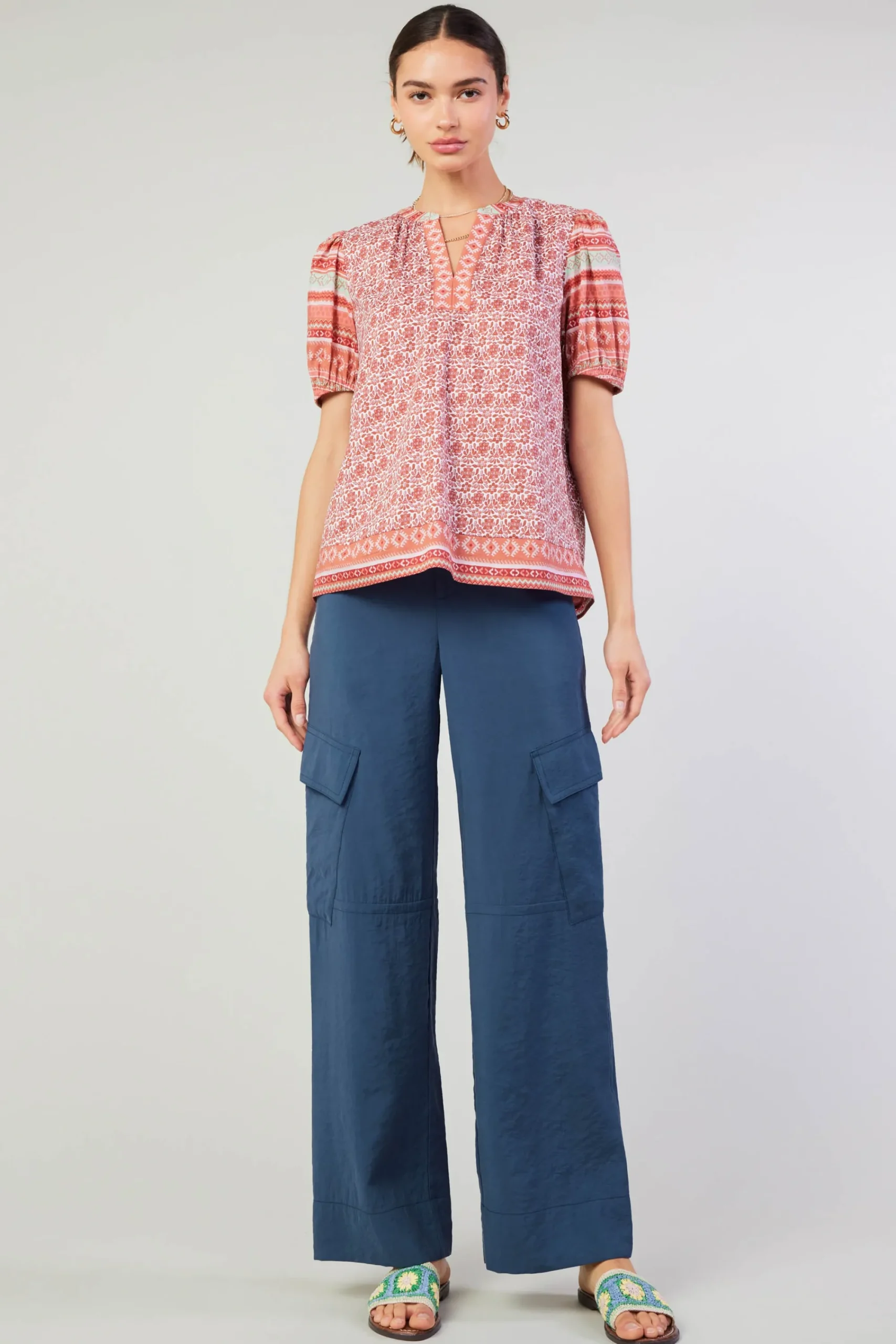 Current Air Short Sleeve Tops-Floral Bohemian Top REDMLT