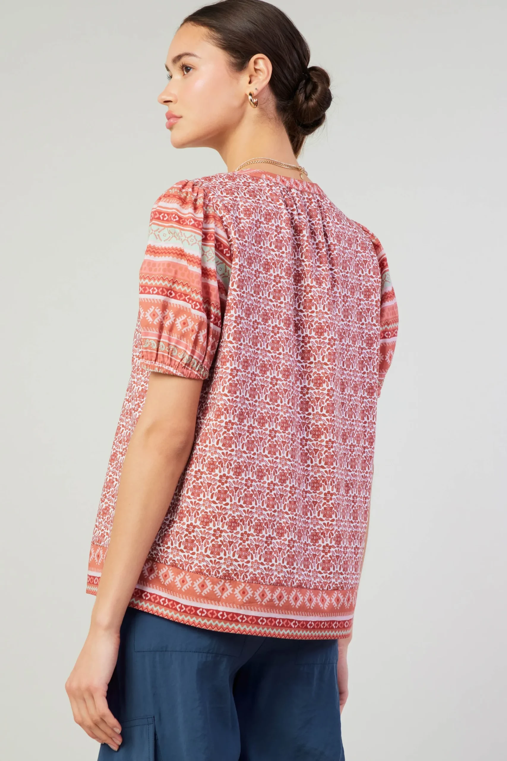 Current Air Short Sleeve Tops-Floral Bohemian Top REDMLT