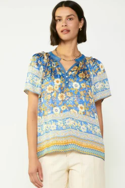 Current Air Short Sleeve Tops-Floral Border Print Blouse BLUESAND