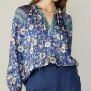 Current Air Long Sleeve Tops-Floral Border Print Blouse NAVYFLORALMLT