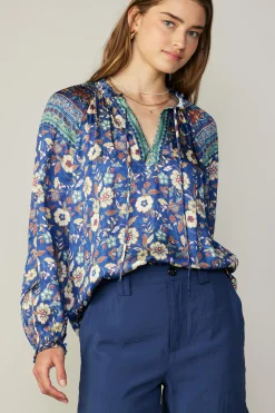 Current Air Long Sleeve Tops-Floral Border Print Blouse NAVYFLORALMLT
