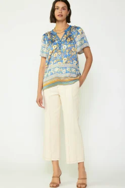 Current Air Short Sleeve Tops-Floral Border Print Blouse BLUESAND