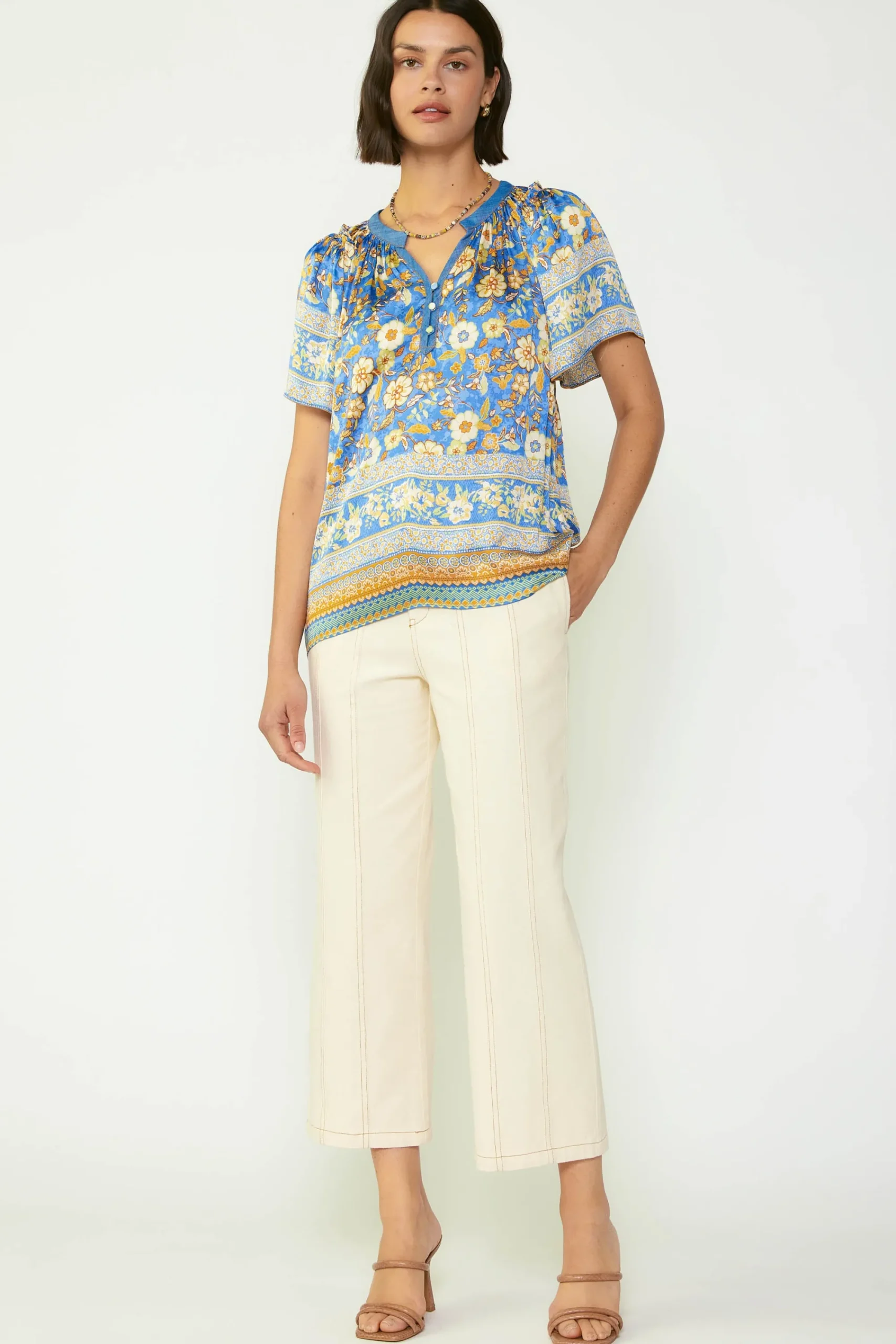 Current Air Short Sleeve Tops-Floral Border Print Blouse BLUESAND