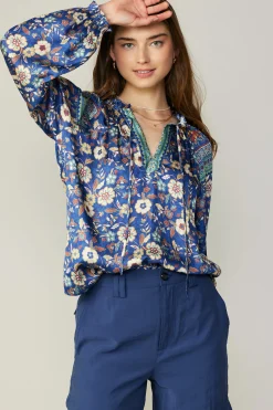 Current Air Long Sleeve Tops-Floral Border Print Blouse NAVYFLORALMLT