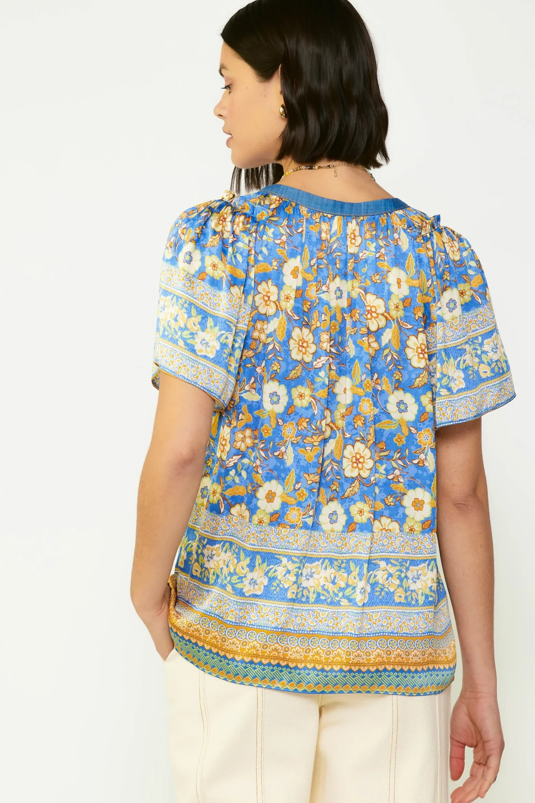 Current Air Short Sleeve Tops-Floral Border Print Blouse BLUESAND