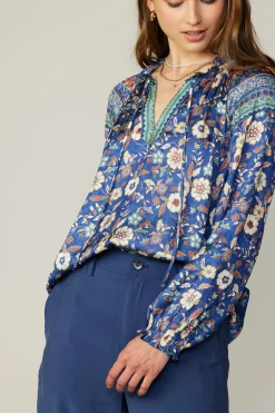 Current Air Long Sleeve Tops-Floral Border Print Blouse NAVYFLORALMLT