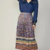Current Air Skirts-Floral Border Print Midi Skirt BLUEBROWNMLT