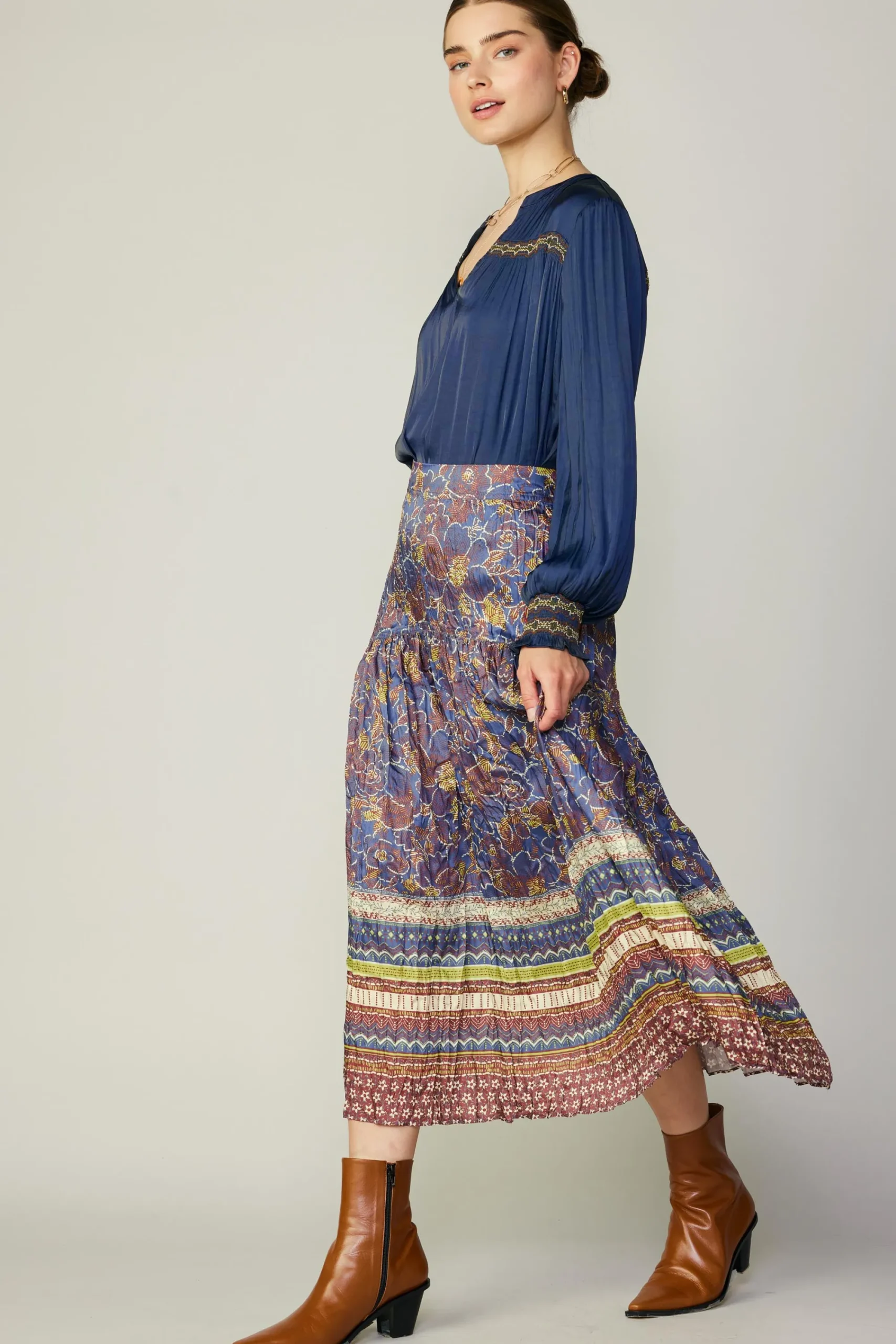 Current Air Skirts-Floral Border Print Midi Skirt BLUEBROWNMLT