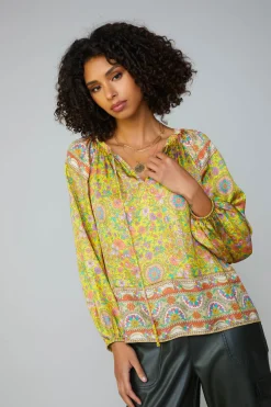 Current Air Long Sleeve Tops-Floral Border Print Raglan Blouse YELLOWMLT
