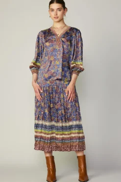 Current Air Long Sleeve Tops-Floral Border Print Top BLUEBROWNMLT
