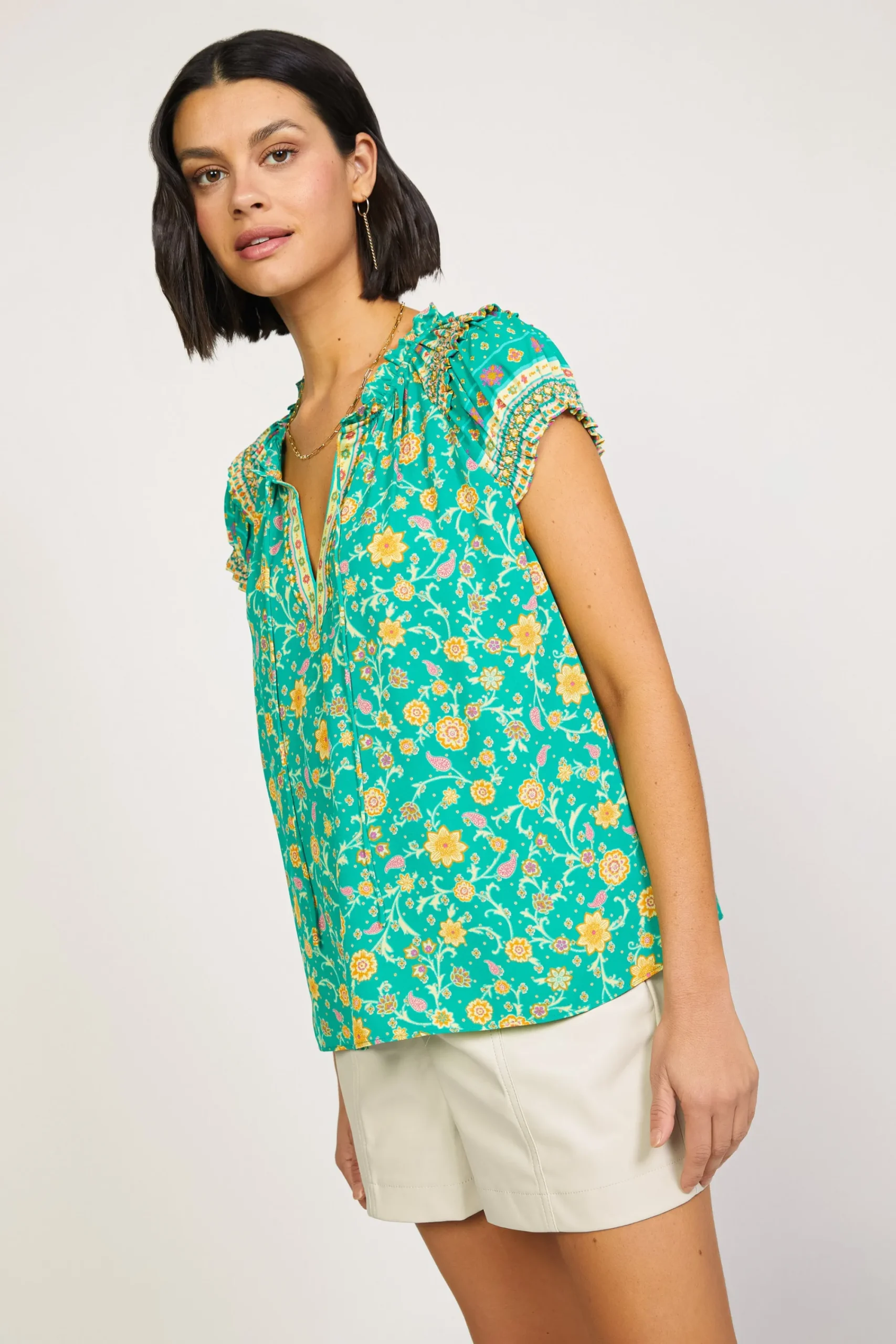 Current Air Sleeveless Tops | Short Sleeve Tops-Floral Border Print Top GREENYELLOWFLORAL