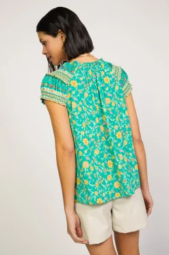Current Air Sleeveless Tops | Short Sleeve Tops-Floral Border Print Top GREENYELLOWFLORAL