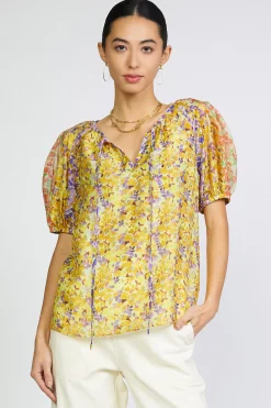 Current Air Short Sleeve Tops-Floral Colorblock Split Neck Blouse MULTI