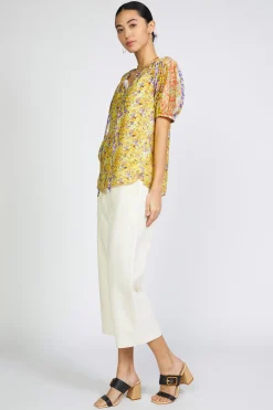 Current Air Short Sleeve Tops-Floral Colorblock Split Neck Blouse MULTI
