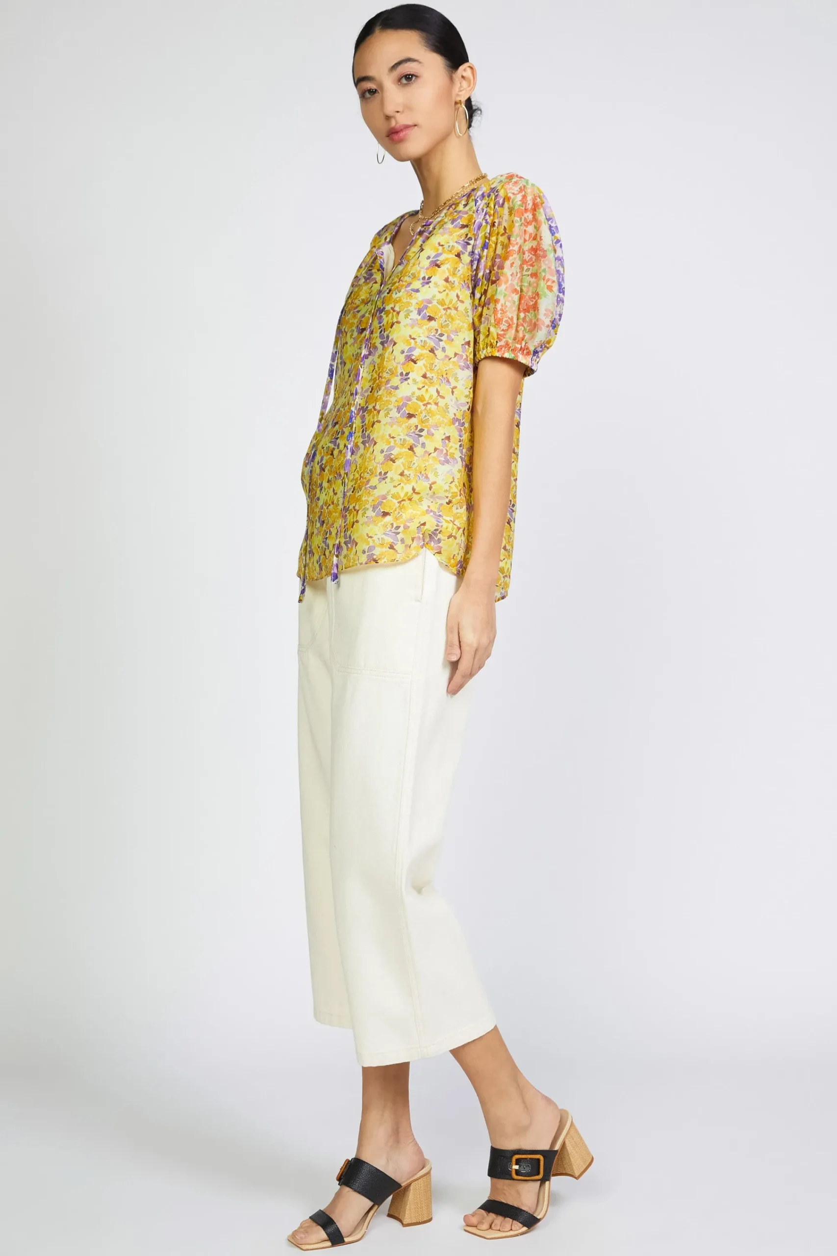 Current Air Short Sleeve Tops-Floral Colorblock Split Neck Blouse MULTI