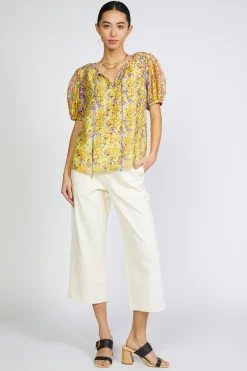 Current Air Short Sleeve Tops-Floral Colorblock Split Neck Blouse MULTI