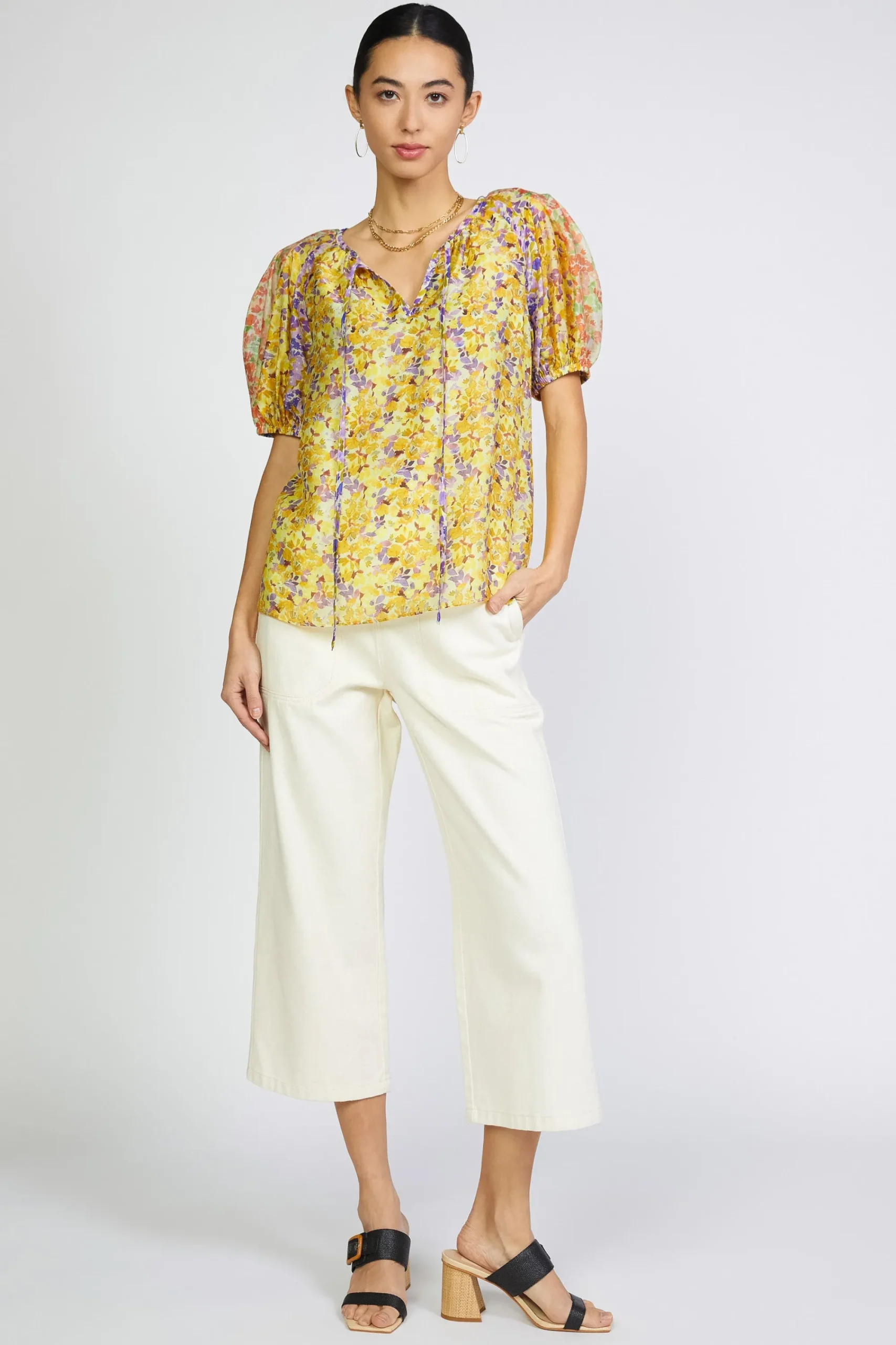Current Air Short Sleeve Tops-Floral Colorblock Split Neck Blouse MULTI