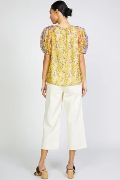 Current Air Short Sleeve Tops-Floral Colorblock Split Neck Blouse MULTI