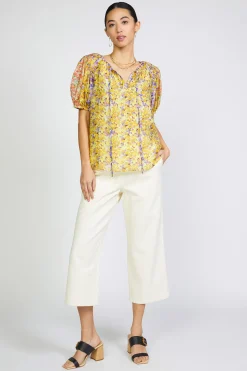 Current Air Short Sleeve Tops-Floral Colorblock Split Neck Blouse MULTI