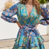 Current Air Mini Dresses-Floral Colorblock Surplice Mini Dress BLUEMULTIFLORAL