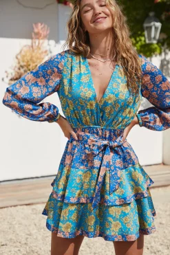 Current Air Mini Dresses-Floral Colorblock Surplice Mini Dress BLUEMULTIFLORAL