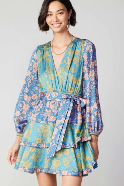 Current Air Mini Dresses-Floral Colorblock Surplice Mini Dress BLUEMULTIFLORAL