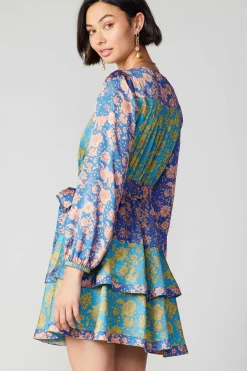 Current Air Mini Dresses-Floral Colorblock Surplice Mini Dress BLUEMULTIFLORAL