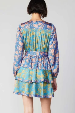 Current Air Mini Dresses-Floral Colorblock Surplice Mini Dress BLUEMULTIFLORAL