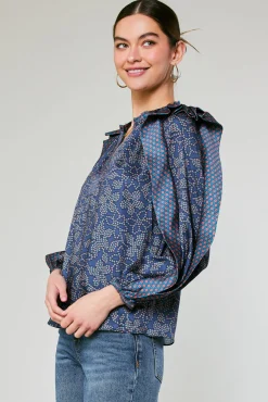 Current Air Long Sleeve Tops-Floral Constellation Blouse NAVY