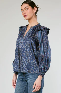 Current Air Long Sleeve Tops-Floral Constellation Blouse NAVY