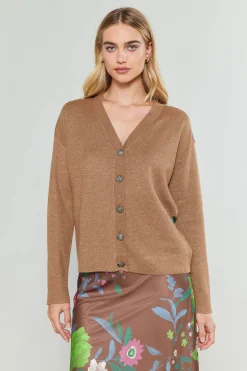 Current Air Knitwear | Cardigans-Floral Contrast Cardigan HAZELNUT