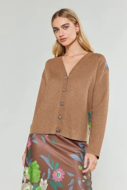Current Air Knitwear | Cardigans-Floral Contrast Cardigan HAZELNUT
