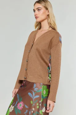 Current Air Knitwear | Cardigans-Floral Contrast Cardigan HAZELNUT
