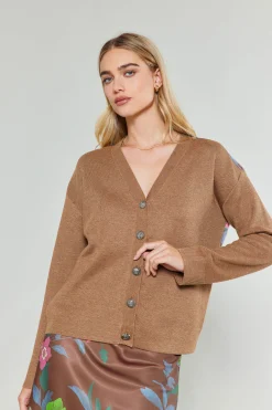 Current Air Knitwear | Cardigans-Floral Contrast Cardigan HAZELNUT