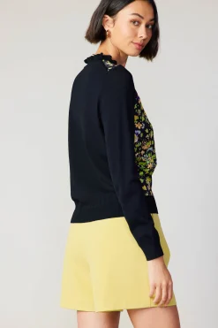 Current Air Knitwear | Long Sleeve Tops-Floral Contrast Panel Sweater BLACK