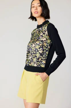 Current Air Knitwear | Long Sleeve Tops-Floral Contrast Panel Sweater BLACK