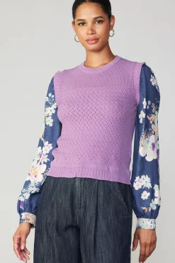 Current Air Long Sleeve Tops | Sweaters-Floral Contrast Sleeve Sweater Top LILAC