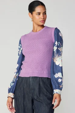 Current Air Long Sleeve Tops | Sweaters-Floral Contrast Sleeve Sweater Top LILAC