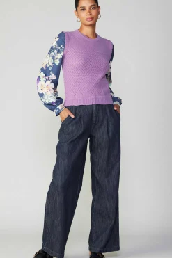 Current Air Long Sleeve Tops | Sweaters-Floral Contrast Sleeve Sweater Top LILAC