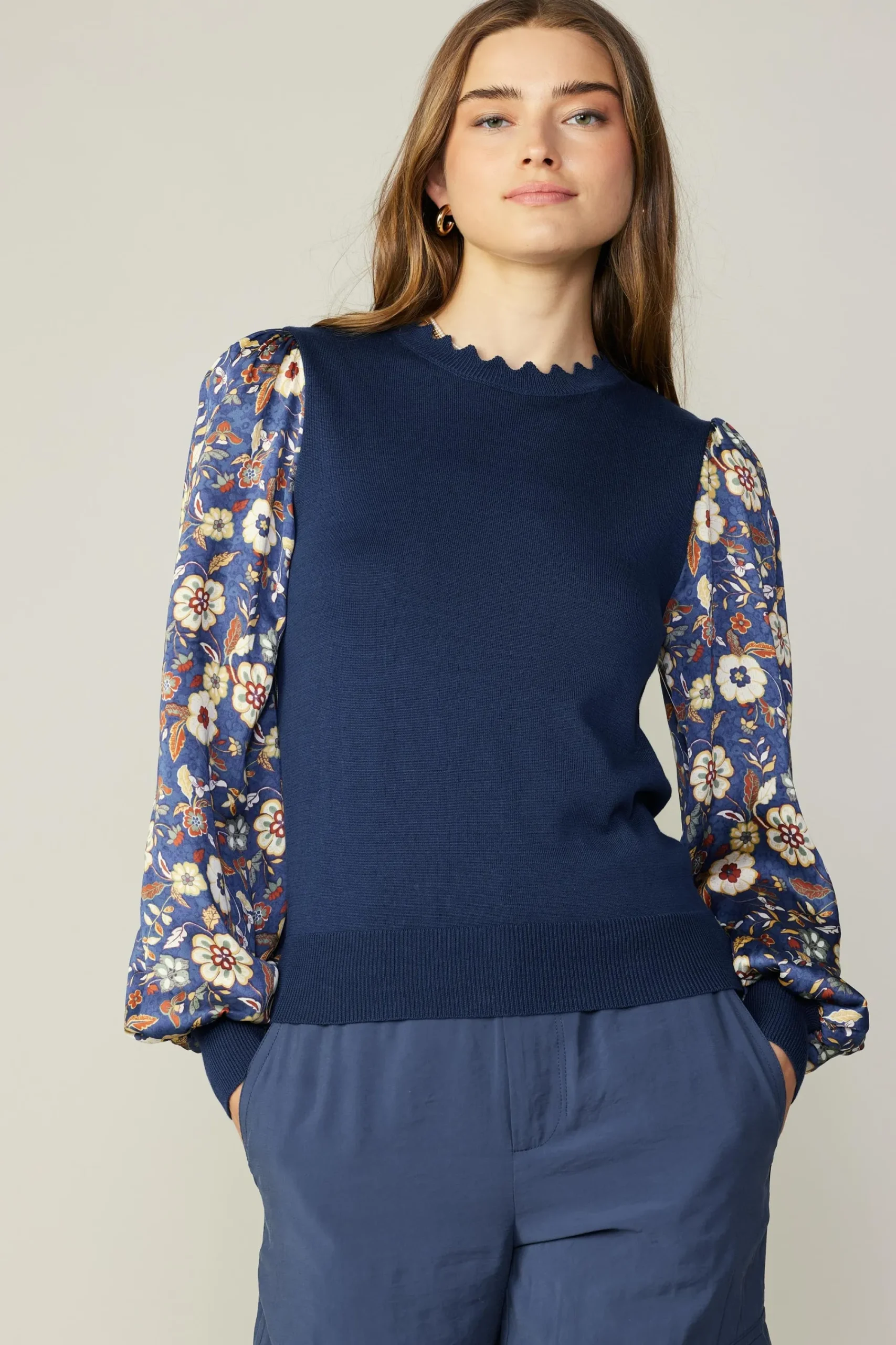 Current Air Long Sleeve Tops | Sweaters-Floral Contrast Sweater Top NAVYFLORAL